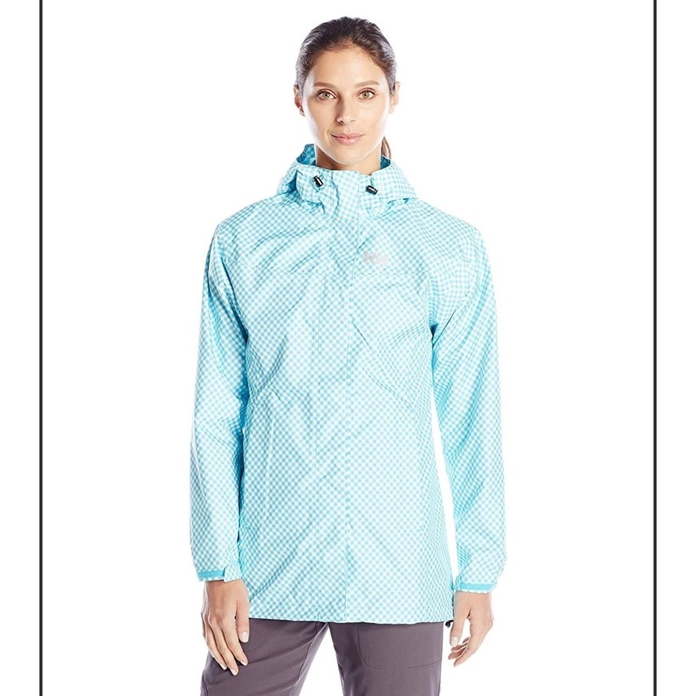 Helly Hansen Bellevue Waterproof Rain Coat Turquoise Gingham Check Hooded Jacket